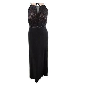 Morgan Company Open-Back Gown Maxi Long Dress Nlack Nude Lace Sequins Plus 22W